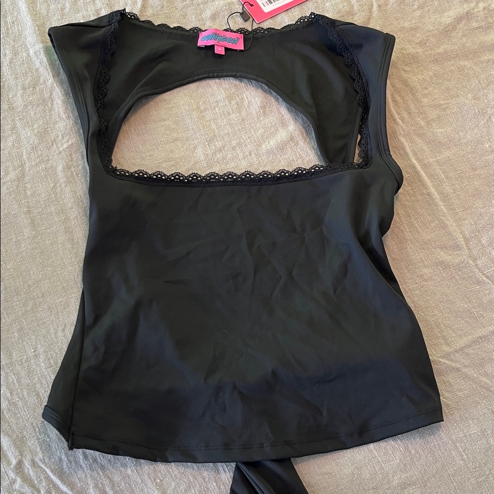 Edikted Black Cutout Tank Top with Lace Trim